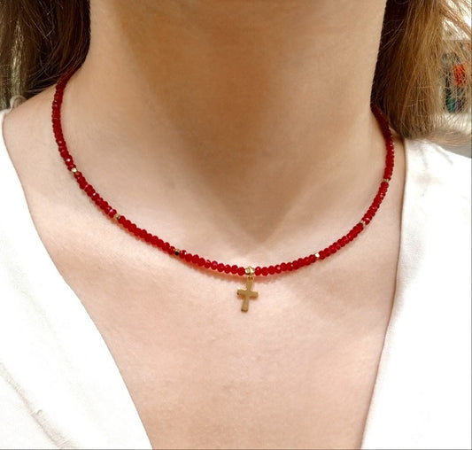 Berry Red Crystal Cross Necklace