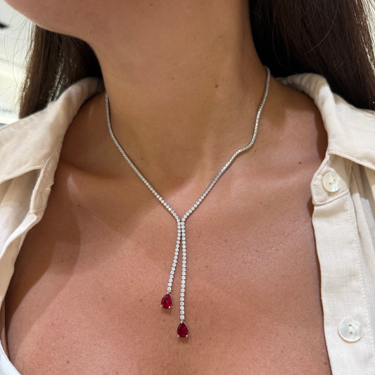 Elegant Red Teardrop Tennis Necklace