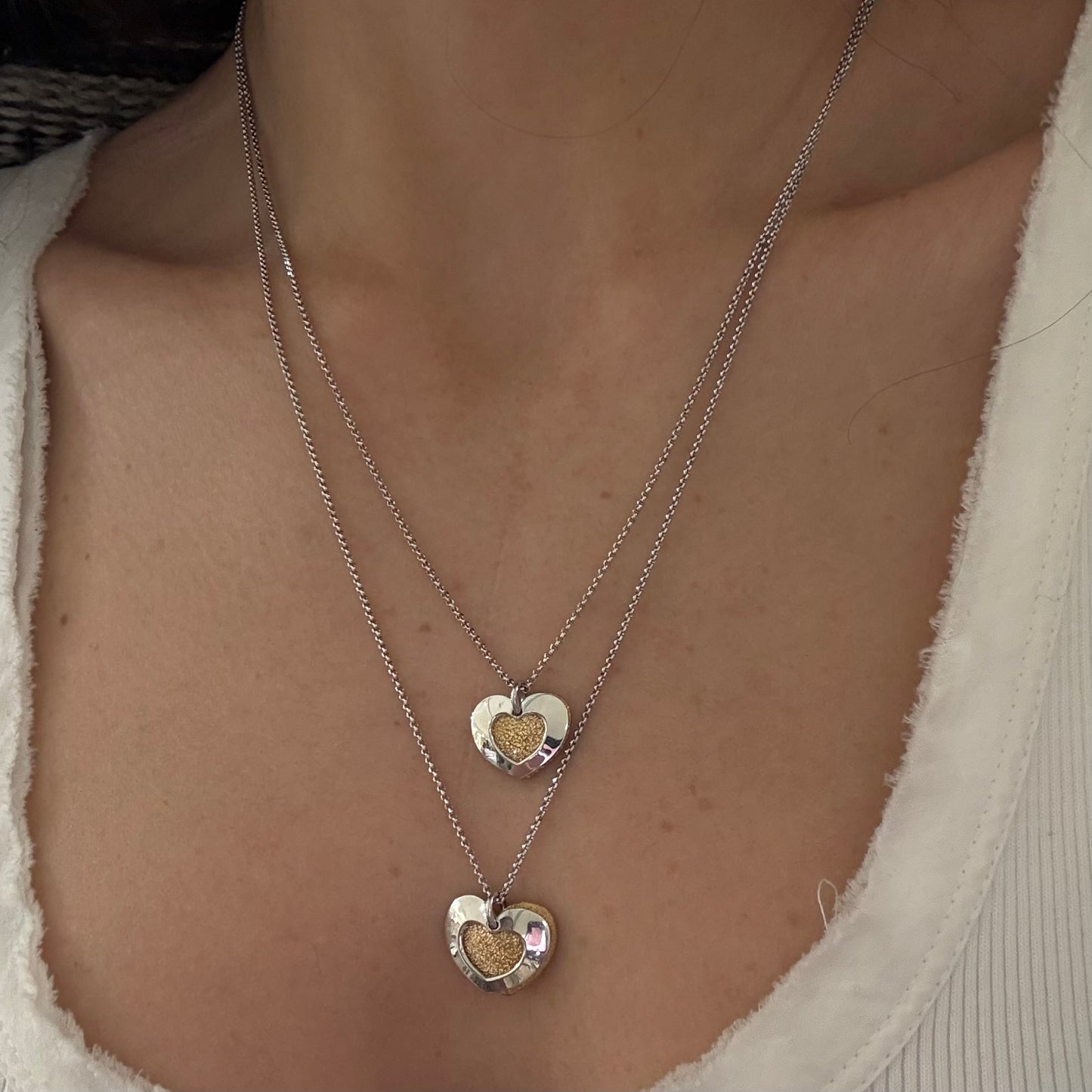 Sparkly Double Heart Silver & Gold Necklace