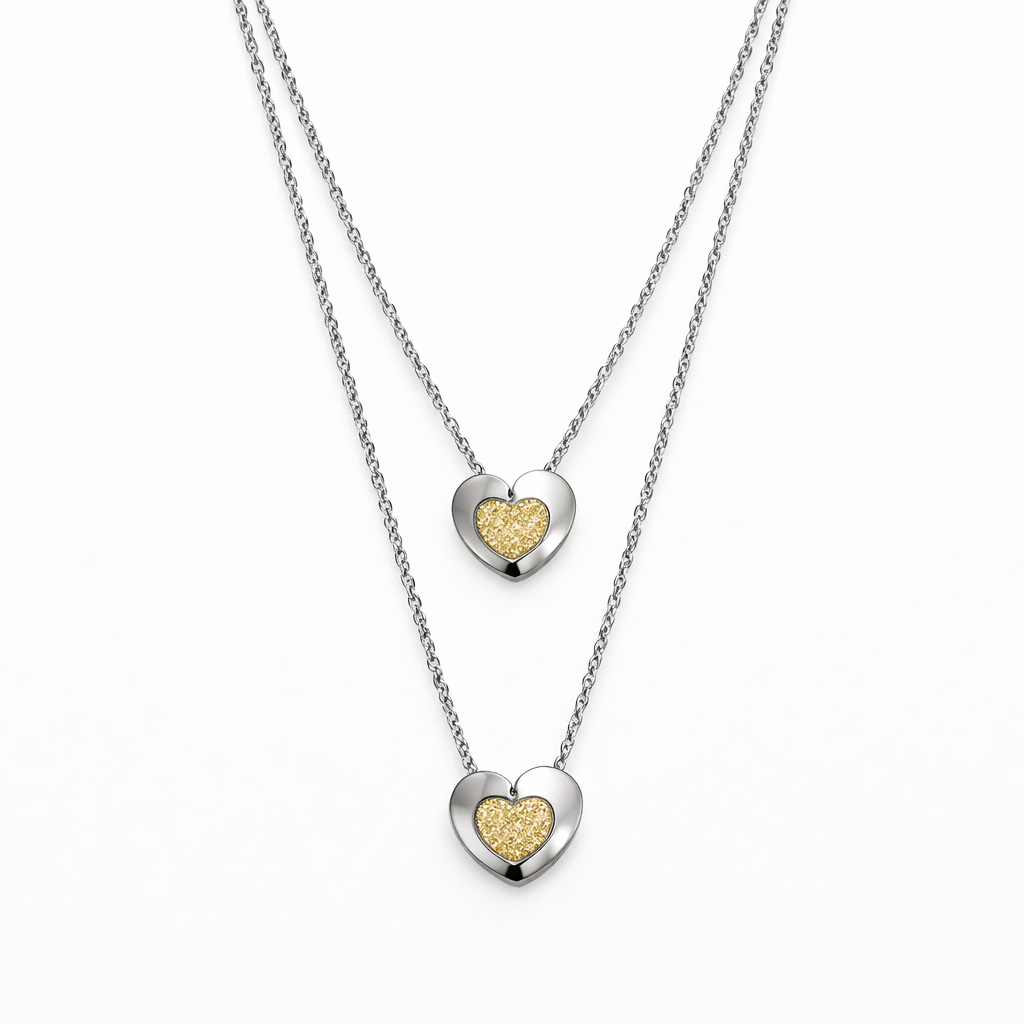 Sparkly Double Heart Silver & Gold Necklace