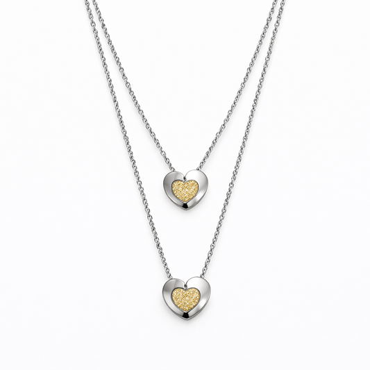 Sparkly Double Heart Silver & Gold Necklace