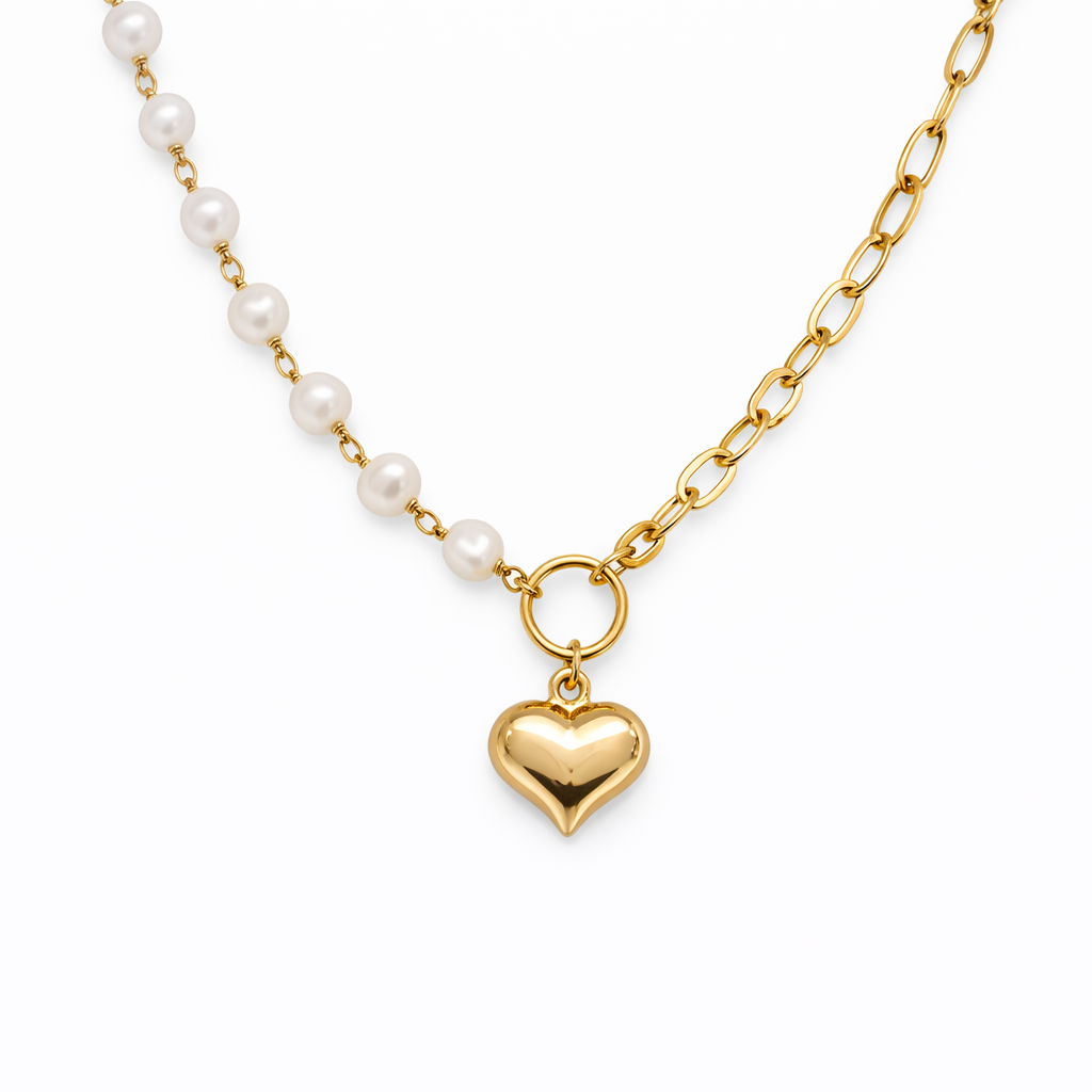 Half-Pearl Half-chain Dangle Heart Necklace
