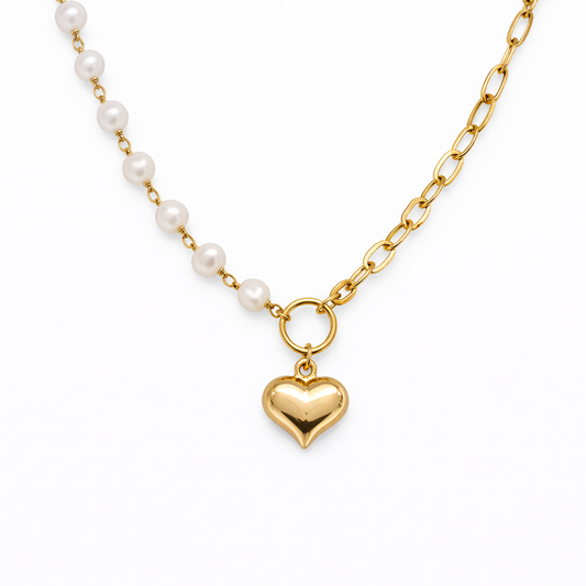 Half-Pearl Half-chain Dangle Heart Necklace