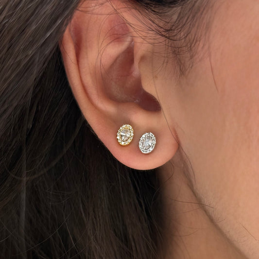Oval Zircon Border Stud Earrings