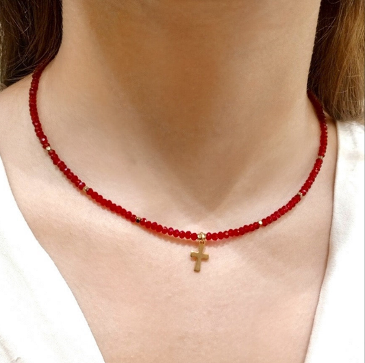 Berry Red Crystal Cross Necklace